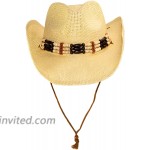 Cute Comfy Flex Fit Woven Beach Cowboy Hat Western Cowgirl Hat with Wood Bead Hatband Adjustable Chin Strap Natural at Women’s Clothing store