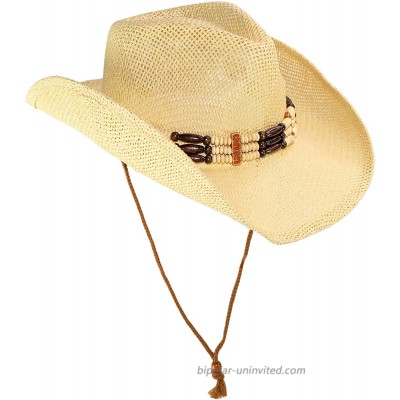 Cute Comfy Flex Fit Woven Beach Cowboy Hat Western Cowgirl Hat with Wood Bead Hatband Adjustable Chin Strap Natural at  Women’s Clothing store