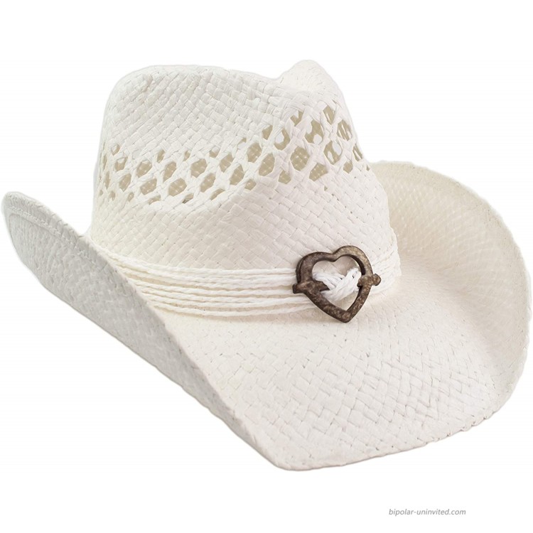 Cute Comfy Flex Fit Woven Beach Cowboy Hat Western Cowgirl Hat with Wood Heart on Hatband White at Women’s Clothing store