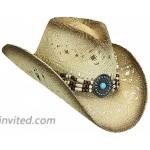 Men's & Women's Western Style Cowboy Cowgirl Toyo Straw Hat Tea Stain-Turquoise Beads at Women’s Clothing store