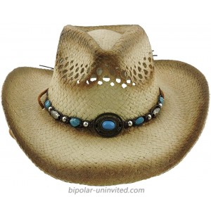 Silver Fever Ombre Woven Straw Cowboy Hat with Cut-Outs Beads Chin Strap Brown w TQ Pendant at  Women’s Clothing store