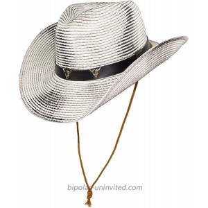 Western Rustic Rodeo Shapeable Straw Cowboy Hat with Chin Strap Black Hatband with Longhorn Skeletons White Large at  Men’s Clothing store