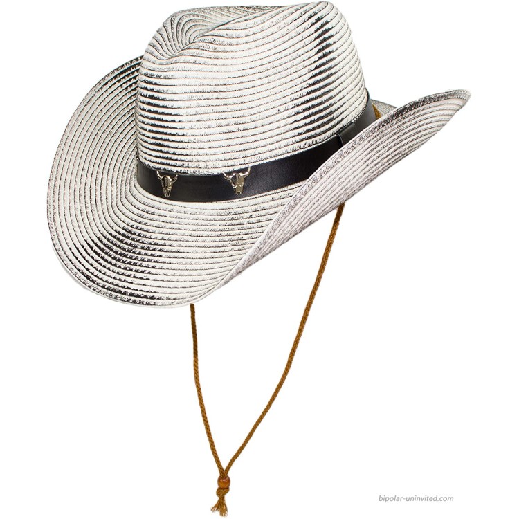 Western Rustic Rodeo Shapeable Straw Cowboy Hat with Chin Strap Black Hatband with Longhorn Skeletons White Large at Men’s Clothing store