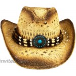 Western Straw Toyo Cowboy Hat with Shapeable Brim Natural Tea Stain Cowgirl Hat with Turquoise Hatband at Women’s Clothing store