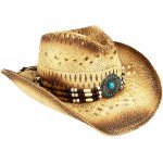 Western Straw Toyo Cowboy Hat with Shapeable Brim Natural Tea Stain Cowgirl Hat with Turquoise Hatband at Women’s Clothing store