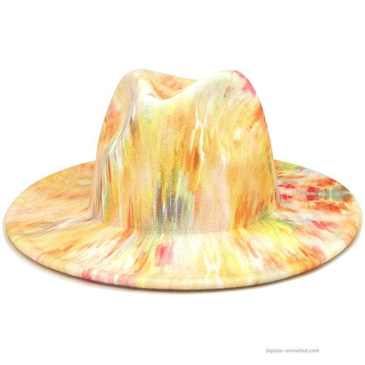 E-G-M Women Fedora Tie-dye Multicolor Wide Brim Felt Panama Hat Wheat Yellow at Women’s Clothing store