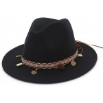 Gossifan Colorful Wide Brim Tassels Felt Fedora Panama Hat with Lace Belt Black at Women’s Clothing store