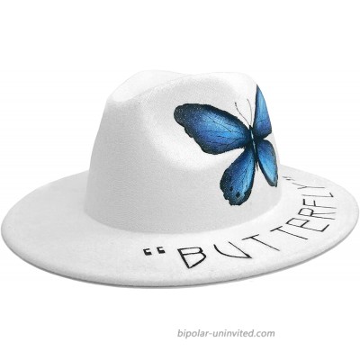 Gossifan Hand Painted Fedora Hat for Women Wide Brim Panama Hats-White Butterfly