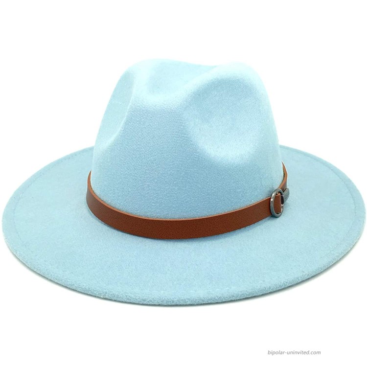 Gossifan Men & Women Wide Brim Fedora Hat with Belt Buckle Band Felt Panama Hat-Sky Blue at Women’s Clothing store
