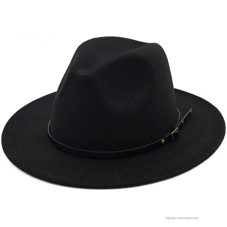 HUDANHUWEI Women's Classic Wide Brim Fedora Hat with Belt Buckle Felt Panama Hat Black at Women’s Clothing store