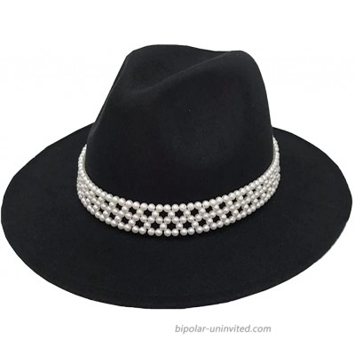 HUDANHUWEI Womens Wide Brim Fedora Hat with Pearl Band Lady Panama Hat Black at  Women’s Clothing store