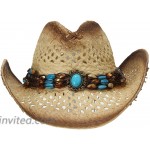 La Vogue Straw Cowboy Hat Bend Brim Fedora Hat Faux Turquoise Belt Brown at Women’s Clothing store