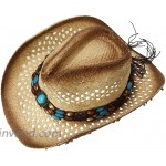 La Vogue Straw Cowboy Hat Bend Brim Fedora Hat Faux Turquoise Belt Brown at Women’s Clothing store