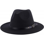 Lanzom Women Retro Wide Brim Wool Fedora Hat with Belt Buckle HatBlack One Size at Women’s Clothing store