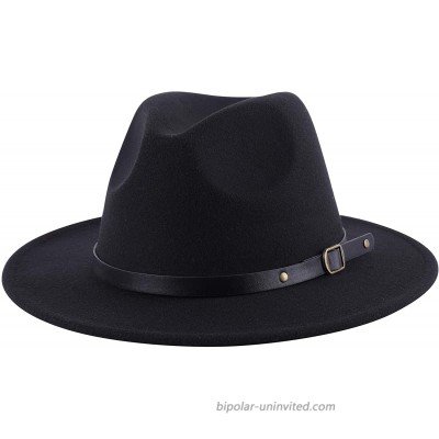 Lanzom Women Retro Wide Brim Wool Fedora Hat with Belt Buckle HatBlack One Size at  Women’s Clothing store