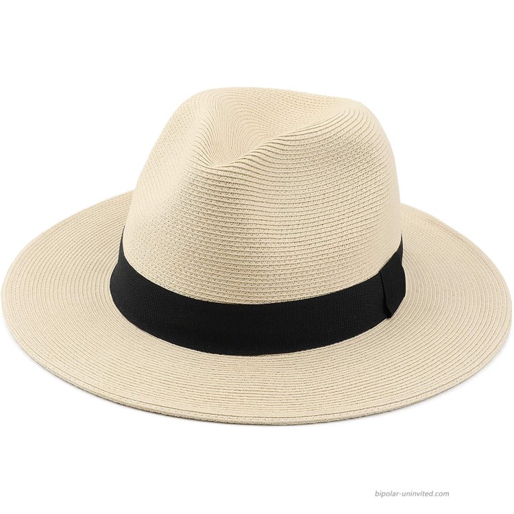 Melesh Straw Fedora Hat for Women Men Fine Braid Wide Brim Sun Beach Panama Hat Medium Beige at Women’s Clothing store