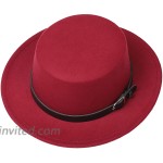 Prefe Women's Brim Fedora Wool Flat Top Hat Church Derby Belt Cap Wine Red at Women’s Clothing store