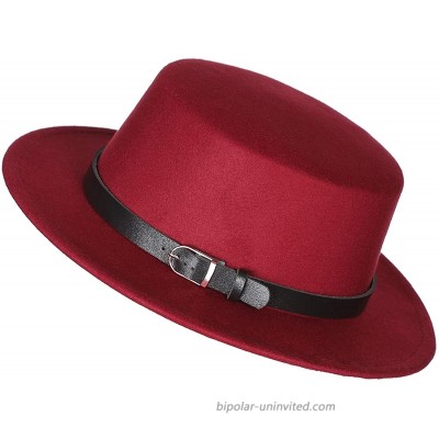 Prefe Women's Brim Fedora Wool Flat Top Hat Church Derby Belt Cap Wine Red at  Women’s Clothing store