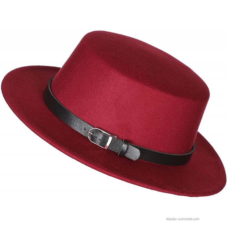 Prefe Women's Brim Fedora Wool Flat Top Hat Church Derby Belt Cap Wine Red at Women’s Clothing store