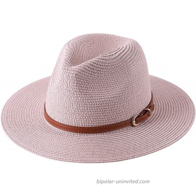 Women Fedora Sun Hat Summer Wide Brim Panama Straw Beach Hat with Leather Belt Pink One Size at  Women’s Clothing store