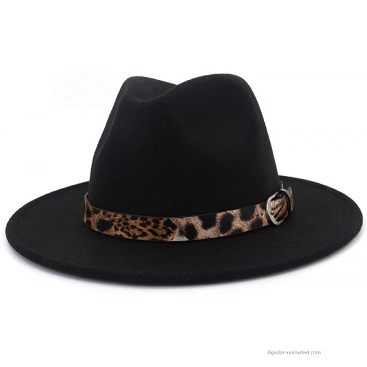 Women's Leopard Felt Panama Hats Classic Wide Brim Fedora with Belt Buckle - Medium 56-58cm 22-22.8in Black with Leopard Belt at Women’s Clothing store