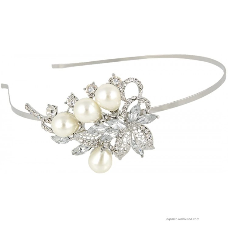 EVER FAITH Austrian Crystal Simulated Pearl Wedding Floral Leaf Vine Head Band Clear Silver-Tone