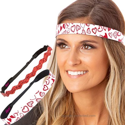 Hipsy Women's Adjustable No Slip Cute Fashion Hearts & Bling Glitter Valentine's Day Hair Headband Multi Packs Valentine Hearts & Red Wave Bling Glitter 2pk