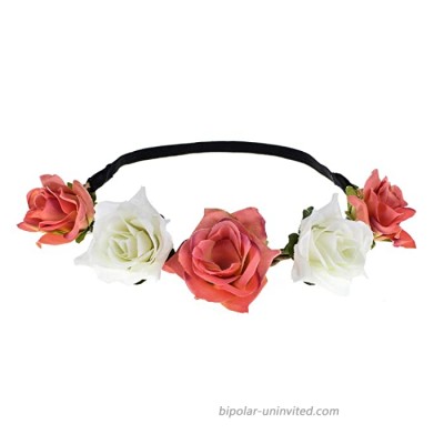 June Bloomy Women Rose Floral Crown BOHO Flower Headband Hair Wreath White Coral