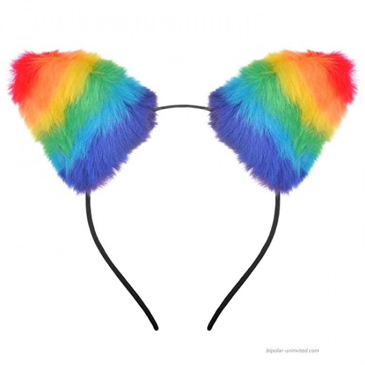 Lux Accessories Gay Pride Rainbow Furry Cat Ear Kitty Headband Hair Accessories