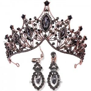 Ursumy Baroque Princess Crown Retro Crystal Crowns Earrings Set Bridal Tiaras Rhinestone Bride Headpieces Wedding Hair Jewelry for Women Black