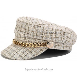 Women Plaid-Tweed Newsboy-Baker-Boy Hat Captain-Sailor Fisherman Hat Peaked-Beret with Chain  White at  Women’s Clothing store