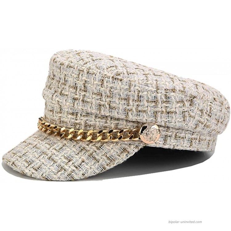 Women Plaid-Tweed Newsboy-Baker-Boy Hat Captain-Sailor Fisherman Hat Peaked-Beret with Chain  White at Women’s Clothing store