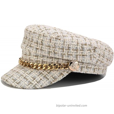 Women Plaid-Tweed Newsboy Hat Sailor-Fisherman-Beret - Flat Fiddler Captain Cap with Chain White 56-58CM at  Women’s Clothing store