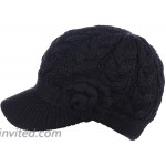 Womens Winter Elegant Cable Flower Knitted Newsboy Cabbie Cap Beret Beanie Hat with Visor Warm Plush Fleece Lined at Women’s Clothing store