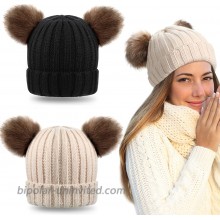2 Pieces Women Double Pom Hat Winter Cable Knit Bobble Ball Cap Fleece Lined Beanie Faux Fur Snow Outdoor Ski Warm Knitted Cap at  Men’s Clothing store