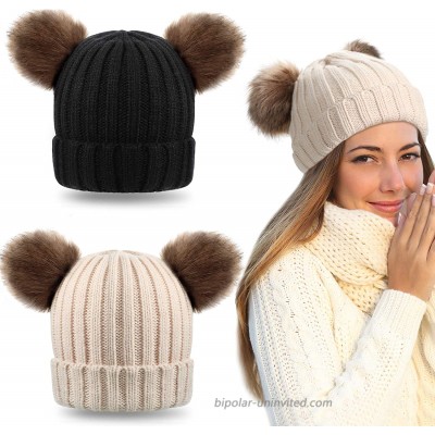 2 Pieces Women Double Pom Hat Winter Cable Knit Bobble Ball Cap Fleece Lined Beanie Faux Fur Snow Outdoor Ski Warm Knitted Cap at  Men’s Clothing store