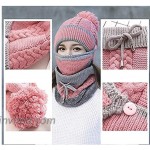 3 in 1 Winter Knitted Beanie Hat Scarf Mouth Mask Set for Women Girls Warm Fleece Lined Ski Cap with Pompom Neck Warmer Pink at Women’s Clothing store