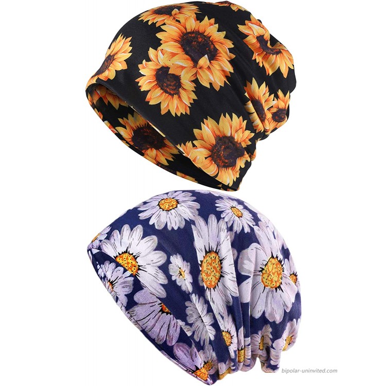 Biruil Women's Cotton Beanie Turban Sleep Cap Chemo Hats Headband Scarf Soft Slouchy Hair Cover 2 Pack Sunflower Navy at Women’s Clothing store