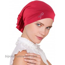Breast Cancer Awareness Soft Bandana Head Wrap Hat with Pink Ribbon Rhinestud Red