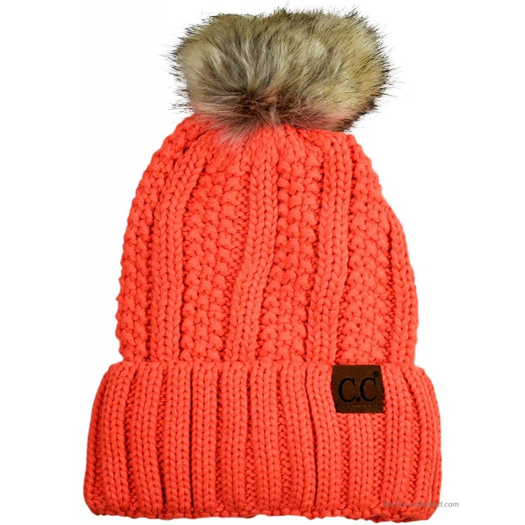 C.C Thick Cable Knit Faux Fuzzy Fur Pom Fleece Lined Skull Cap Cuff Beanie Neon Orange at Women’s Clothing store