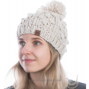 cozysure Handknit Beanie Hat for Women with Cute Bobble Pompom-Soft Stretch Warm Crochet Knot Knitted Skull Cap Beige at  Women’s Clothing store