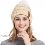 CQC Women's Winter Knit Slouchy Beanie Hat Warm Skull Ski Cap Faux Fur Pom Pom Hats Beige