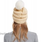 CQC Women's Winter Knit Slouchy Beanie Hat Warm Skull Ski Cap Faux Fur Pom Pom Hats Beige