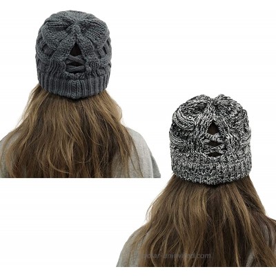 DANMY Ponytail Beanie for Women High Messy Bun Beanie Hat with Ponytail Hole Winter Warm Beanie Knit Hat one Size 2pcs-Gray Black at  Women’s Clothing store