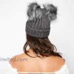 Double Faux Fur Pom Pom Snuggly Cozy Winter Knitted Beanie in Gray at Women’s Clothing store