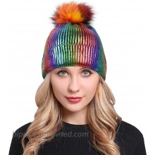 FADA Metallic Pom Rainbow Beanie Chunky Knit Shiny Bling Skull Cap Winter Hats for Women at  Women’s Clothing store