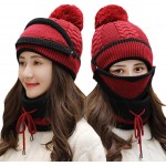 Fleece Lined Womens Beanie Knit Hat Winter Scarf Mask Set Girls Warm Hat Earmuffs Cap with Pom one Size 3pcs red at Men’s Clothing store