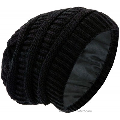 GB Selected Winter Cable Knit Slouch Beanie Satin Lined Warm and Soft Chunky Baggy Skully Hat Cap for Women - Black at  Women’s Clothing store