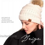 HATSANDSCARF Decorative Tilted Whip Stitch Slouch Beanie with Pom HAT-7392-POM Beige at Women’s Clothing store