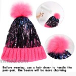 Homiton Women Sequin Knitted Beanie Hat with Faux Fur Pom-Pom Shiny Bling Skull Cap Hot Pink